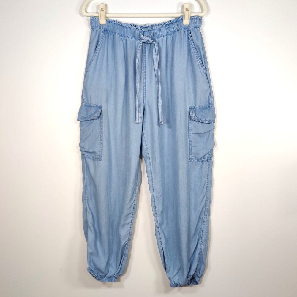 Aerie Lyocell Chambray Cargo Jogger Pants‎ Light Wash Blue L Coastal Casual